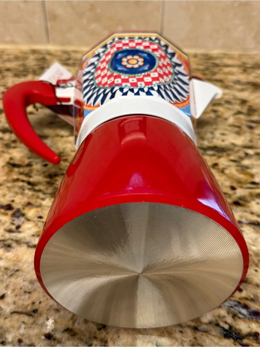 NEW Brandani 9 Cup Italian Coffee Maker Aluminum Moka Pot Sicilian Pattern Red